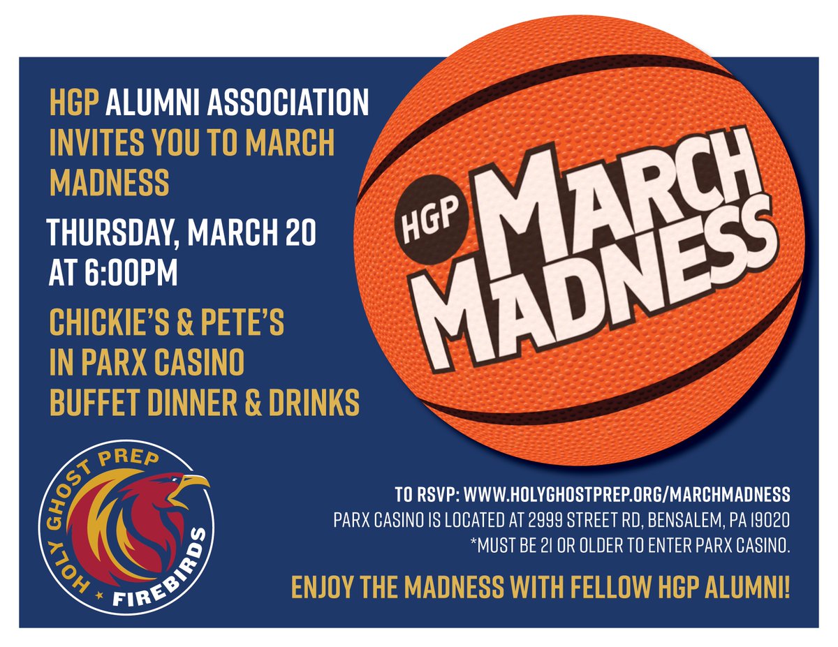 Still time to register to join us for some March fun. We have over 40 guys registered for our March Madness event THIS Thursday at Chickie's in Parx Casino (6-8pm). Please register ASAP if you plan on attending: holyghostprep.org/marchmadness