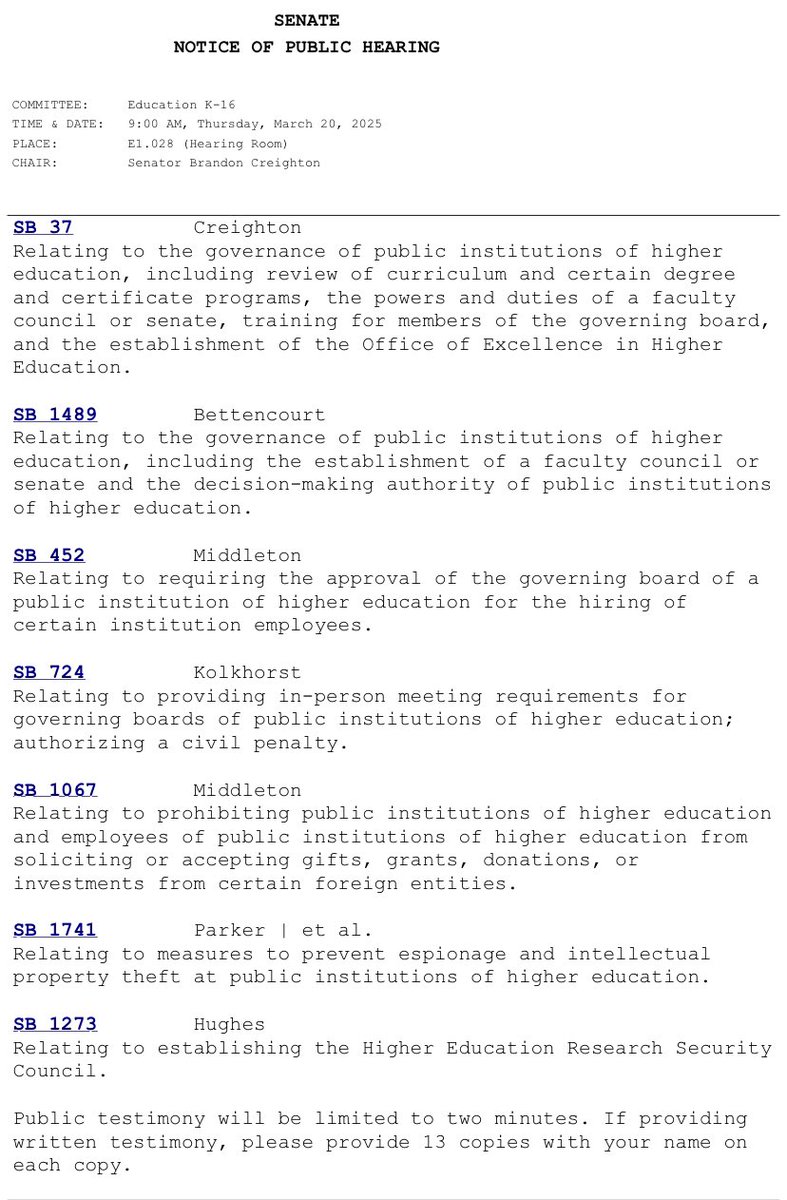 INBOX: Senate K-16 Committee is meeting Thursday at 9 a.m. to hear SB 37 and a slate of other higher ed bills on decision making, acceptance of foreign funds, research security and faculty governance. #txed #txlege