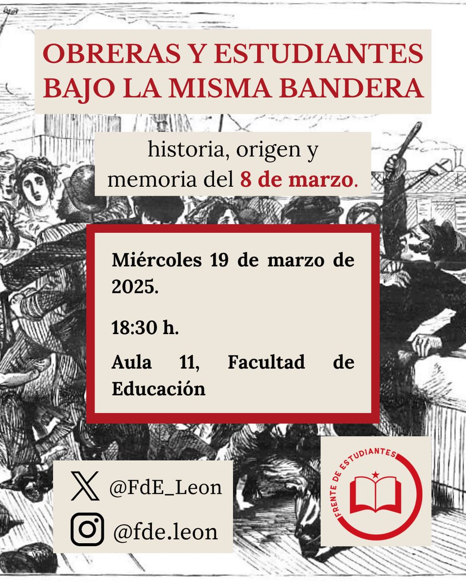 FdE_Leon's tweet photo. 💬 CHARLA: HISTORIA ORIGEN Y MEMORIA DEL 8 DE MARZO
¡Nos vemos mañana para hablar de historia de las mujeres obreras y su organización!
📌 Aula 11, Facultad de Educación 
📆 Miércoles 19 de marzo
⌚ 18:30
¡No faltes! https://t.co/agEQ0nXCuV