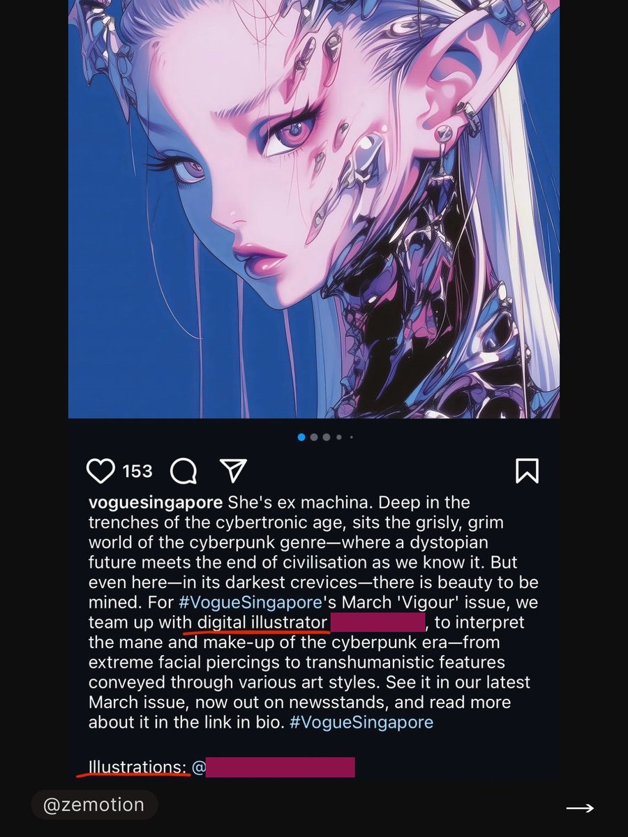 zemotion's tweet image. Vogue Singapore featured an AI user in its new March issue without any disclosure that they use generative AI whatsoever. As someone who's shot for Vogue, I'm so incredibly heartbroken 1/