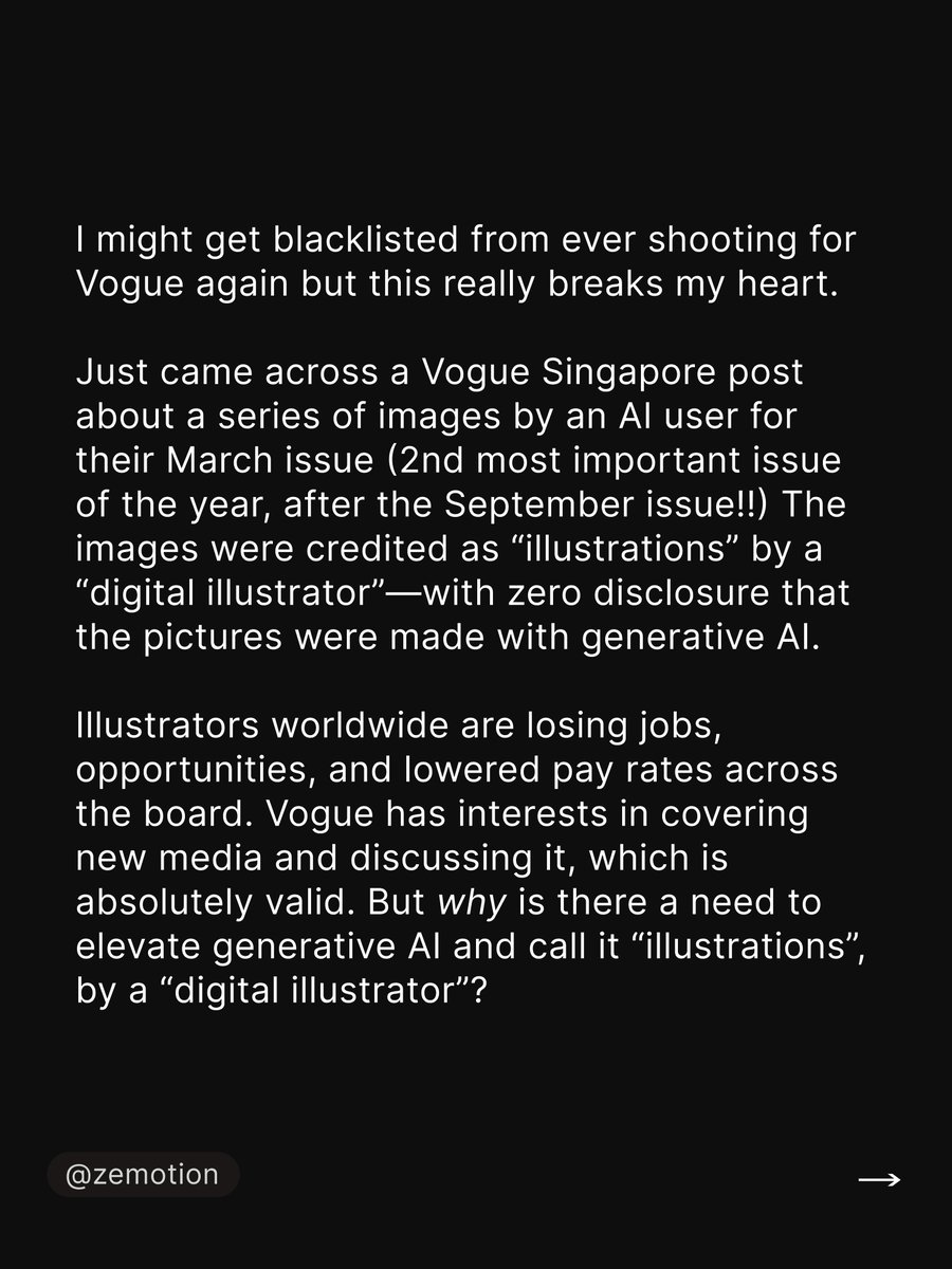 zemotion's tweet image. Vogue Singapore featured an AI user in its new March issue without any disclosure that they use generative AI whatsoever. As someone who's shot for Vogue, I'm so incredibly heartbroken 1/