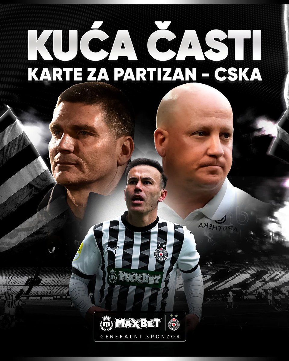 Kuća časti - gledaj duel dva bratska kluba! ⚫⚪️🔴🔵

Crno-beli dočekuju moskovski CSKA na svom stadionu, a MaxBet kao generalni sponzor FK Partizan časti 40 karata za ovaj meč! 🎁

Da bi učestvovao u trci za 15x2 karte potrebno je da:

• Pratiš <a href="/MaxBetSrbija/">MaxBet 🇷🇸</a>
• Retvituješ
