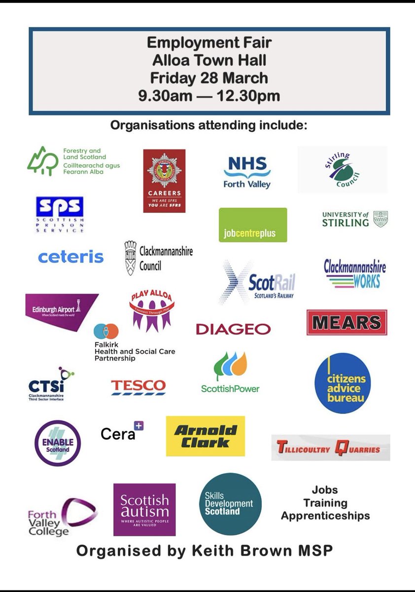 Clackmannanshire Council People Directorate (@clackseducation) on Twitter photo The annual employment fair will return on Friday 28 March from 9.30 AM to 12:30 PM at Alloa Town Hall. A variety of employers offering opportunities will be present.
See details below
👇🏼<a href="/ClacksCouncil/">Clackmannanshire Council</a> The annual employment fair will return on Friday 28 March from 9.30 AM to 12:30 PM at Alloa Town Hall. A variety of employers offering opportunities will be present.
See details below
👇🏼<a href="/ClacksCouncil/">Clackmannanshire Council</a>