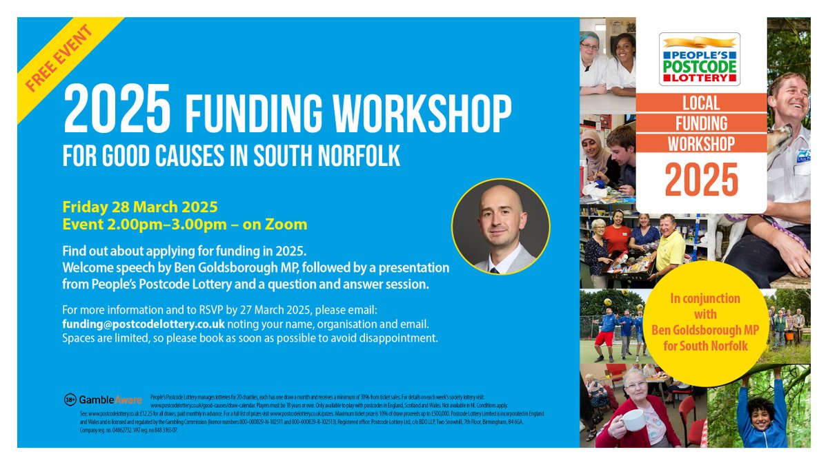 People’s Postcode Lottery Public Affairs (@pplpubaffairs) on Twitter photo There's still time to sign up for our funding workshop with <a href="/BenGoldsborough/">Ben Goldsborough MP</a> on 28th of March at 2pm where good causes in South Norfolk can learn about People's Postcode Lottery funding and how to apply.
RSVP funding@postcodelottery.co.uk
↓ More info below ↓ There's still time to sign up for our funding workshop with <a href="/BenGoldsborough/">Ben Goldsborough MP</a> on 28th of March at 2pm where good causes in South Norfolk can learn about People's Postcode Lottery funding and how to apply.
RSVP funding@postcodelottery.co.uk
↓ More info below ↓