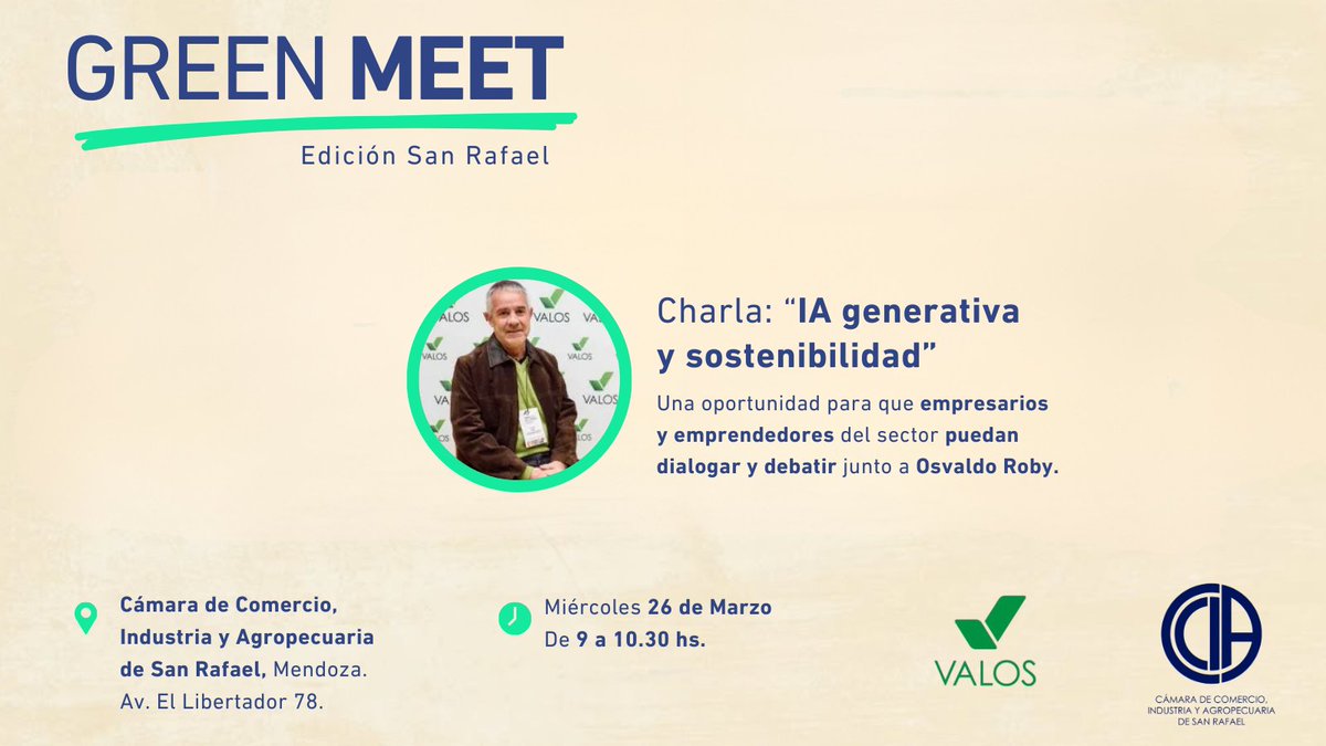 🌿💡 ¡Llega GREEN MEET a San Rafael! 💡🌿
Si sos emprendedor o empresario, sumate al diálogo sobre IA Generativa y Sostenibilidad con Osvaldo Roby. 🚀🌍 🔗 Cupos limitados, inscribite ahora! bit.ly/3RePkxo
#GreenMeet #SanRafael #IAySostenibilidad #Networking #Innovación