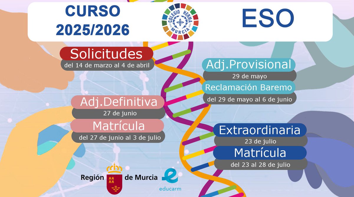 📢📢📢 Admisión de nuevos alumnos para el curso 2025-2026. Desde el 14 de marzo al 4 de abril de 2025.
Resuelve tus dudas y realiza los trámites en secretaría. 
🔵Puerta 4.
⏰Secretaría: 8:00-14:30h.

#herma #Murcia #nuevosalumnos #admision #curso2526 #conocenos #ColegioHerma