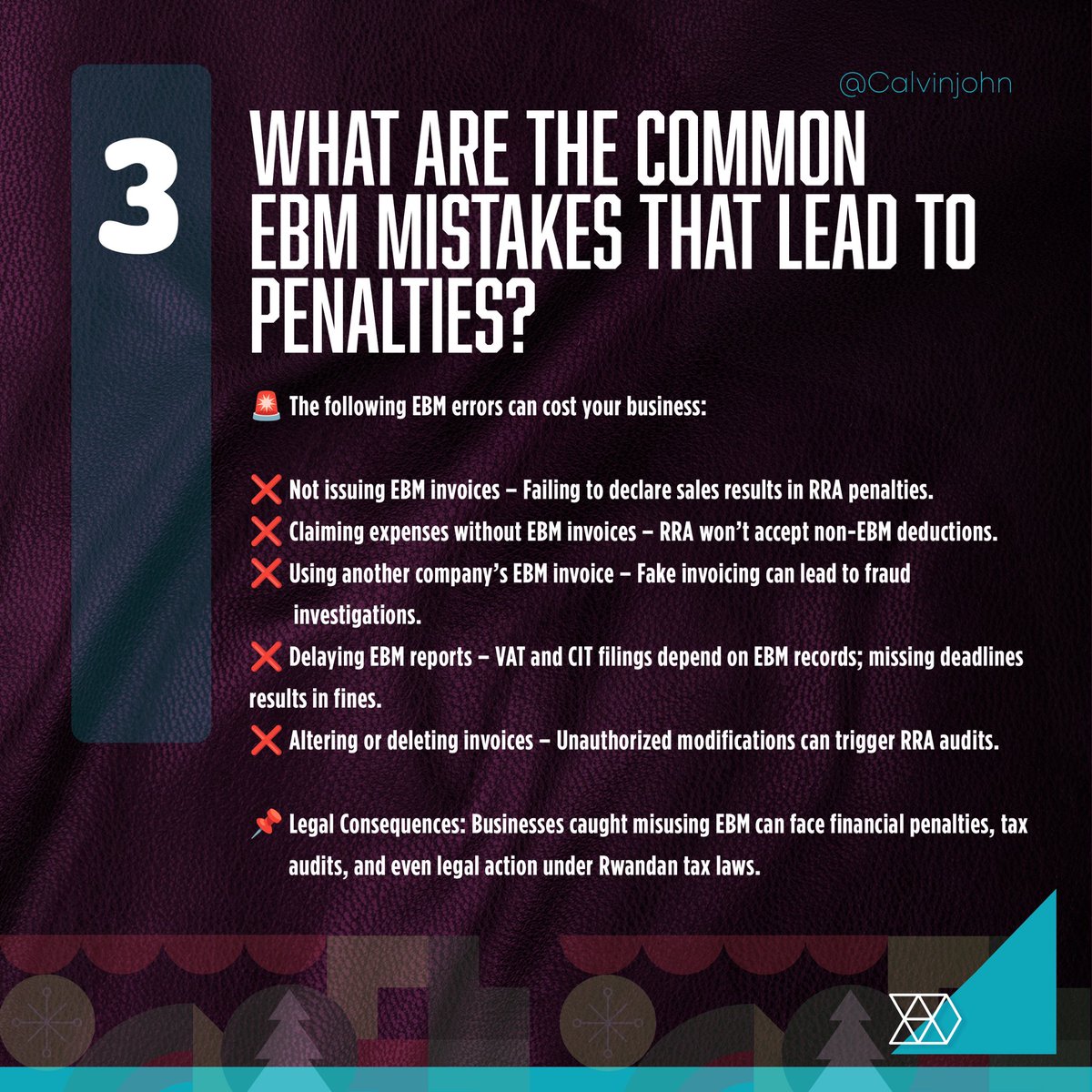 Calvinofficia's tweet image. CIT ALERT: EBM Mistakes That Could Cost You! 🚨

No EBM invoice = No deduction! Businesses lose millions in tax savings by failing to issue/request EBM invoices. Avoid penalties &amp;amp; save money!

#TAXAUDITFORCSCMA #RwandaTax #TaxSmart #TaxPayers