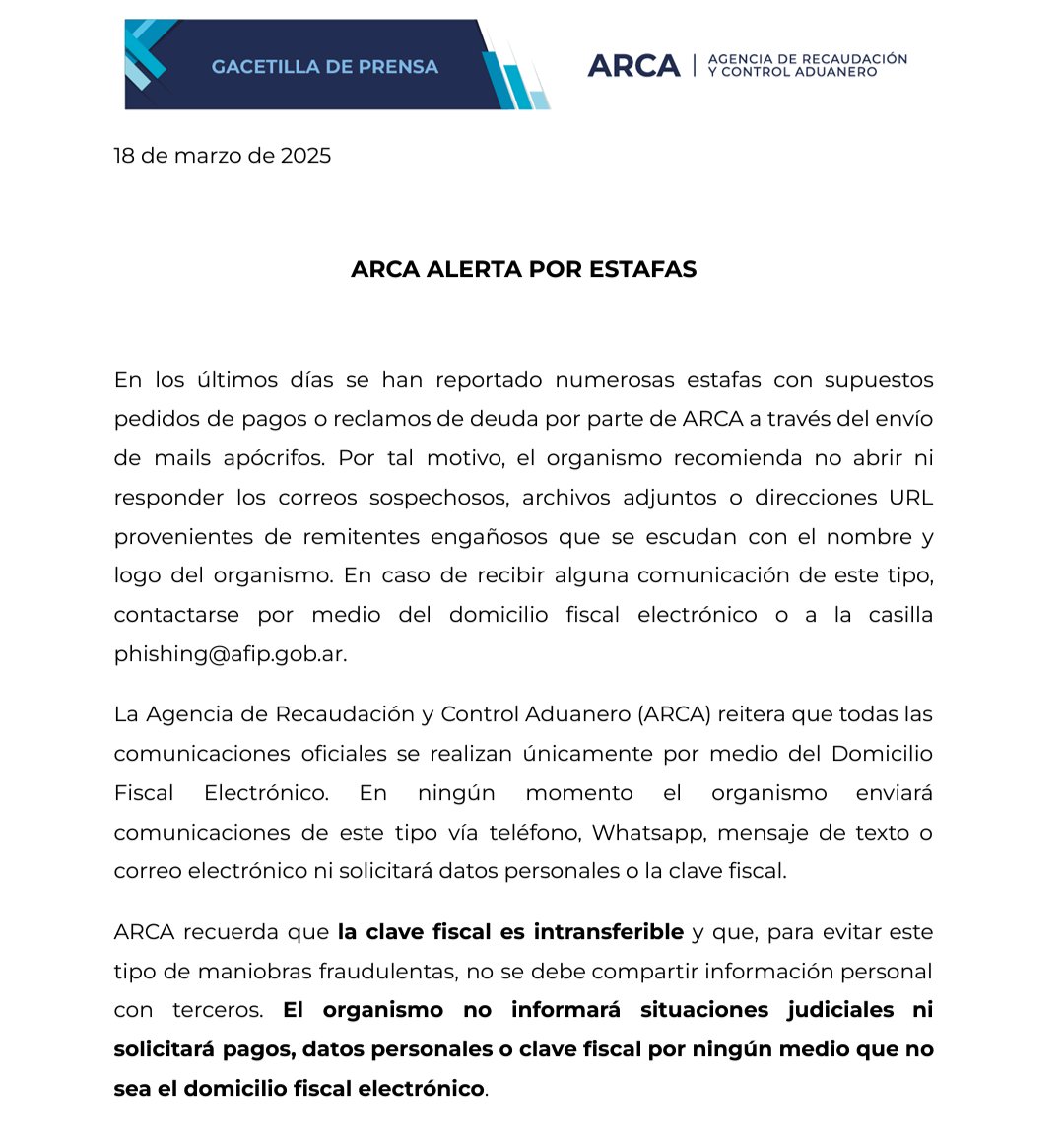 Contadoresenred's tweet photo. ⚠️ ARCA Alerta por estafas https://t.co/7ZSzzCV58J