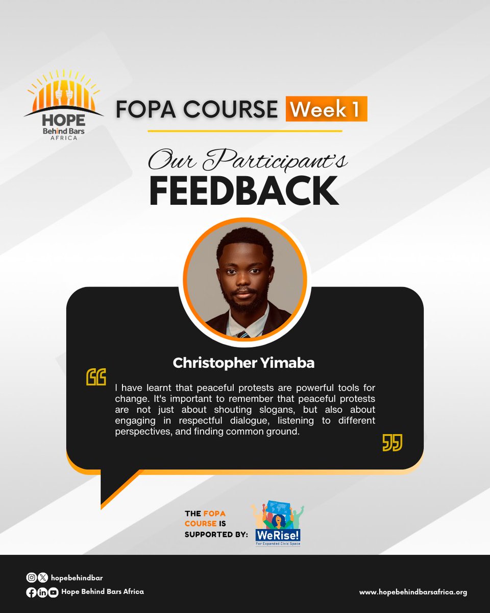 hopebehindbar's tweet photo. Our Freedom of Peaceful Assembly (FOPA) Course is well underway, providing participants with valuable insights into the legal and practical aspects of peaceful assembly in Nigeria.

In the first week, Development Practitioner Sola Fagorusi (@SolaFagro), Executive Director of @onelifeng, laid a strong foundation by exploring the relevance and legal framework of Peaceful Assembly in Nigeria.

Here’s what some of the Participants have to say about the first week of the Course.

The FOPA course, supported by the WeRise! campaign, trains citizens, law students, and lawyers on protecting the fundamental right to freedom of assembly and best practices for exercising it.

#HBBAFOPA
#FreetoMeet
#ProtectTheSpace