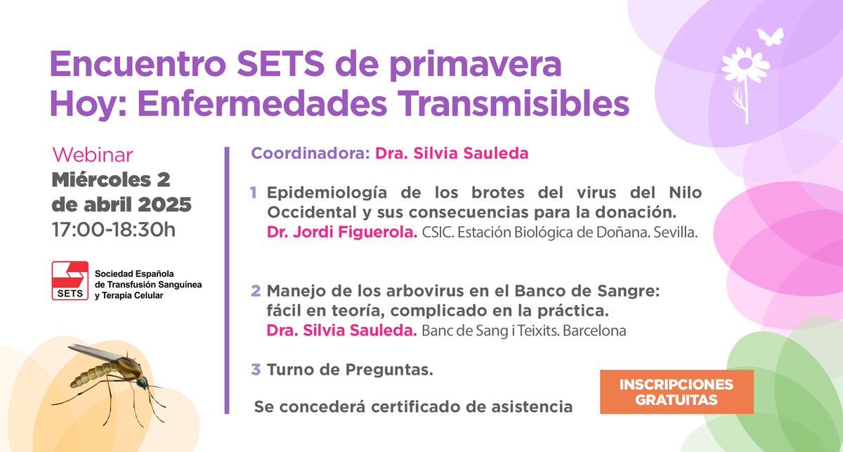 ¡Ya tenemos fecha para el próximo Encuentro de Primavera de la SETS!🌺
💻En este próximo webinar hablaremos sobre las Enfermedades Transmisibles.
📅¡Nos vemos el día 2 de abril!
🕟de 17:00 a 18:30 horas
🚀Y recuerda, ¡la inscripción es totalmente gratuita!
intranet.pacifico-meetings.com/GescoWeb/?cfg=…