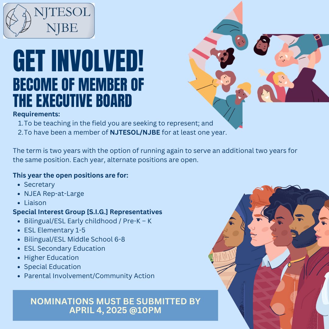 NJTESOL_NJBE (@njtesol_njbe) on Twitter photo Get Involved!🤚🏽🤚🏿🤚🏼NJTESOL-NJBE Executive Board --you can nominate yourself.
Nominations must be submitted by 10:00 PM April 4, 2025🗓️
More info here: njtesol-njbe.org/nominations-20…
Qs? Contact: Kathleen Fernandez
Executive Director, NJTESOL/NJBE
executive-director@njtesol-njbe.org Get Involved!🤚🏽🤚🏿🤚🏼NJTESOL-NJBE Executive Board --you can nominate yourself.
Nominations must be submitted by 10:00 PM April 4, 2025🗓️
More info here: njtesol-njbe.org/nominations-20…
Qs? Contact: Kathleen Fernandez
Executive Director, NJTESOL/NJBE
executive-director@njtesol-njbe.org