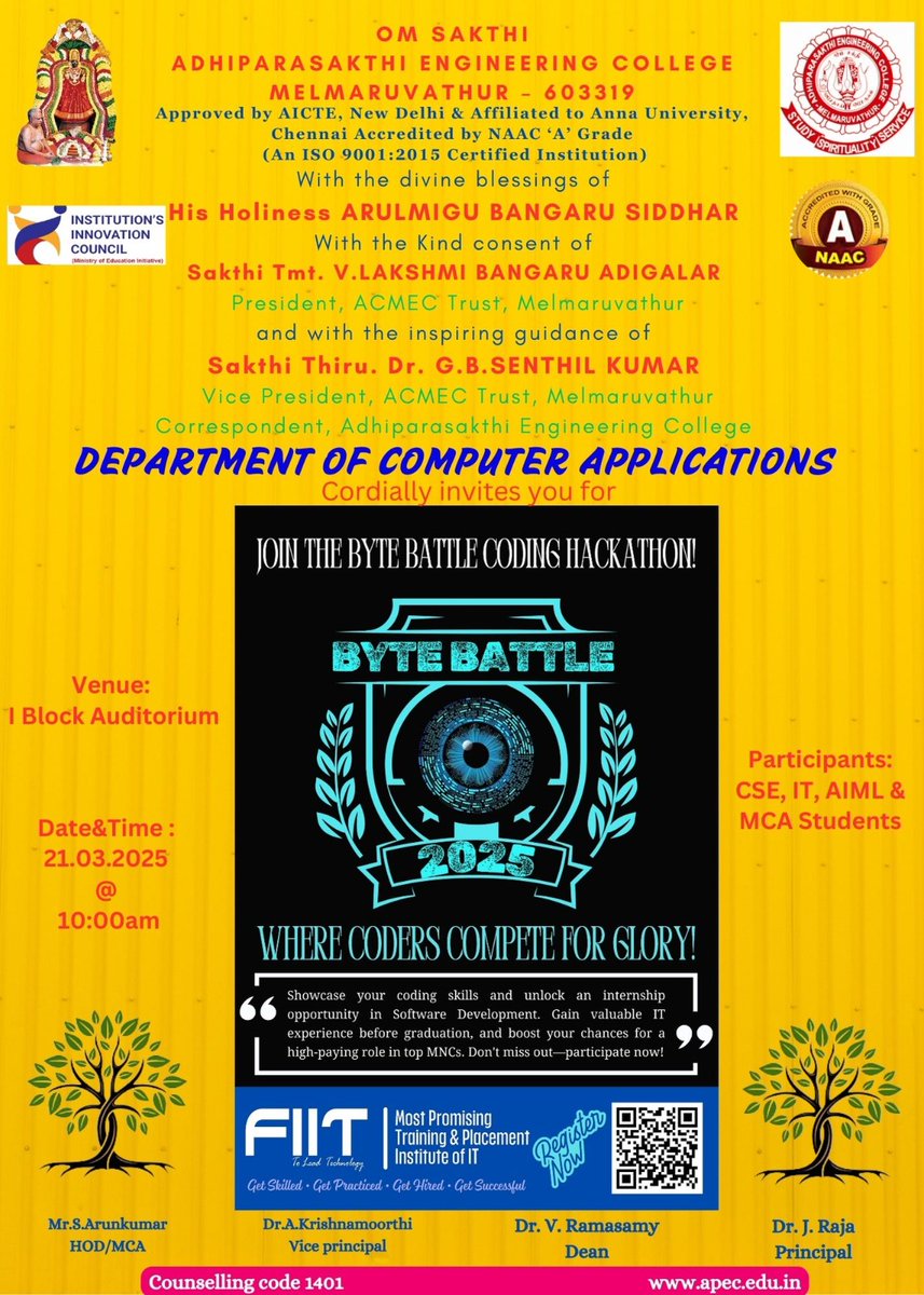 Apec1984's tweet image. 🚀🔥 BYTE BATTLE 2025 is here! 🔥🚀
💻 The ultimate coding showdown!
📅 21st March | 📍 APEC, I Block Auditorium
👨‍💻 Open to CSE, IT, AIML &amp;amp; MCA students!
🏆 Win glory &amp;amp; unlock top IT internships!
🔗 Register now &amp;amp; join the tech revolution! #ByteBattle2025 #CodingHackathon #APEC