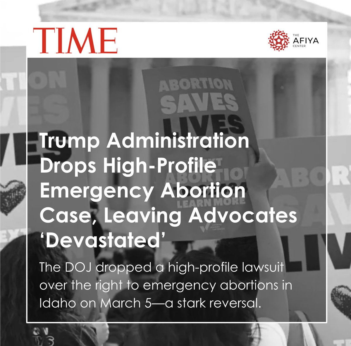 TheAfiyaCenter's tweet image. Earlier this month, the Trump administration filed a motion to dismiss a lawsuit challenging Idaho’s near-total abortion ban. It’s clear that this administration is not interested in protecting our right to make decisions about our own bodies.
Read more:
time.com/7265757/trump-…
