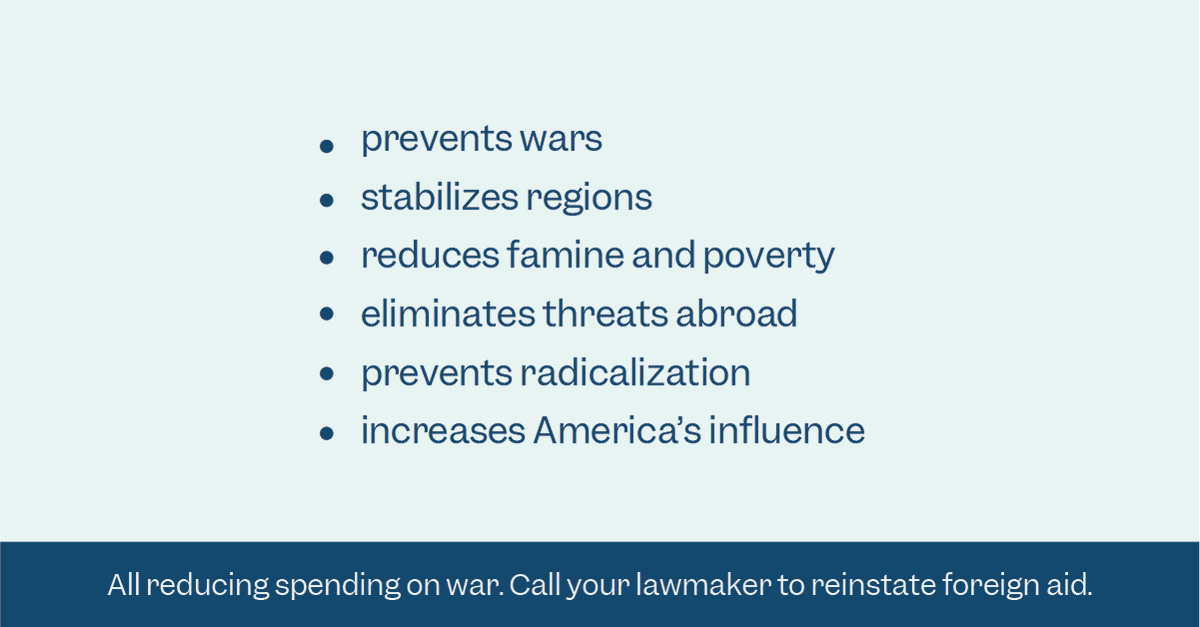 U.S. foreign aid = global strength 🇺🇸. By providing less than 1% of its budget, the United States:

🕊️ Helps prevent wars
🤝 Builds peace &amp; stability
🙏 Reduces hunger &amp; poverty
🛡️ Prevents global medical threats
🌟 Boosts U.S. global influence &amp; national security

Cuts to aid