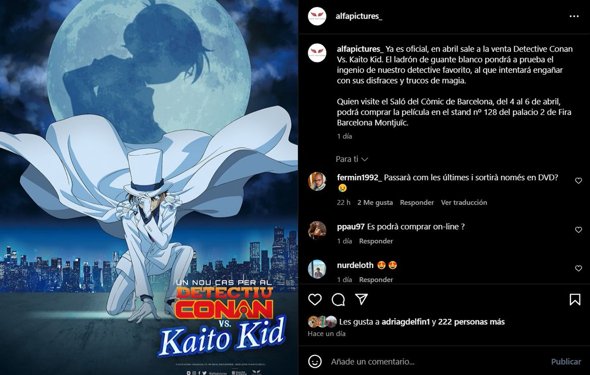Alfa Pictures acaba d'anunciar la data d'estrena del DVD d'"El detectiu Conan vs Kaito Kid". El podreu obtenir al <a href="/COMIC_bcn/">COMIC BARCELONA</a> els dies 4 al 6 d'abril a l'estand núm. 128. I recordeu que s'ha doblat en català. Agrairia molt un retweet!