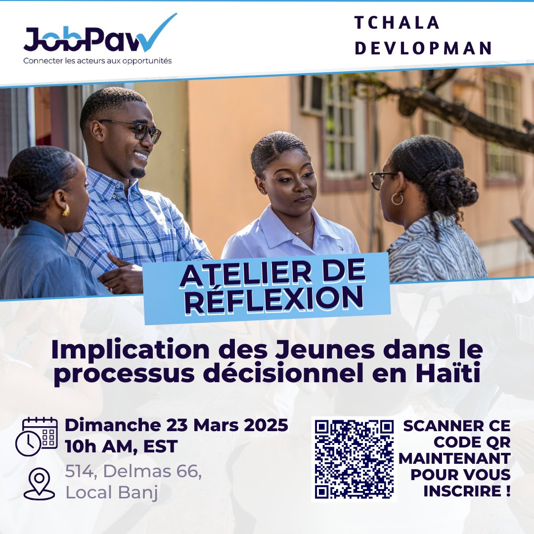 Et si les décisions qui façonnent Haïti prenaient enfin en compte ce que tu as à dire ? 🤔

Dimanche 23 mars, viens débattre, proposer et agir lors d’un atelier de réflexion sur l’implication des jeunes dans le processus décisionnel. 
Lien d'inscription : docs.google.com/forms/d/e/1FAI…