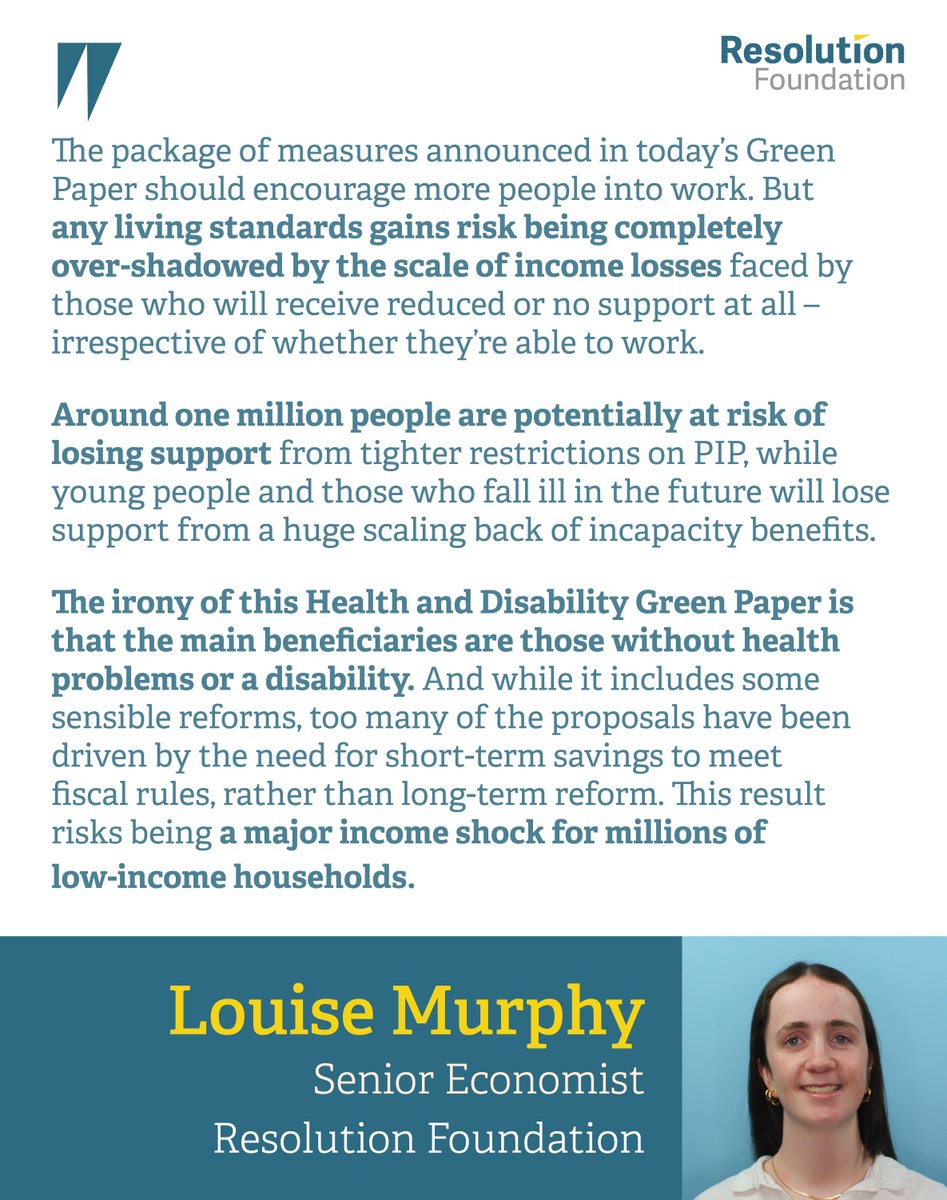 The Health and Disability Green paper will deliver tiny income gains at the cost of major losses for those with health problems or a disability. 

Plans to save £5 billion by restricting PIP qualification would mean between 800,000 &amp; 1.2 million people losing support of between