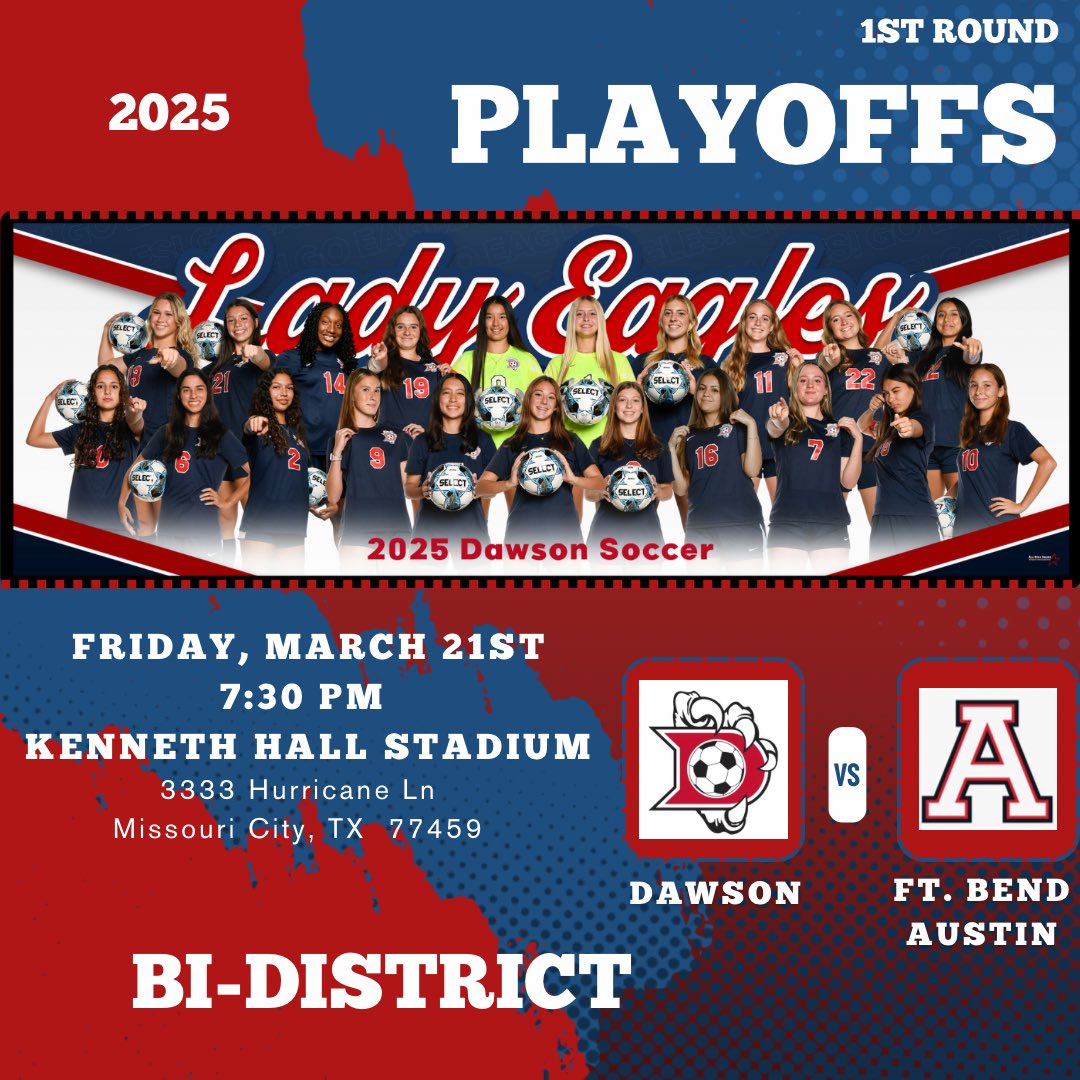 Lady Eagles Soccer (@dhsladysoccer) on Twitter photo Mark your calendars 🦅FAMILY!
Friday night…under the lights! We need the Eagle family to be loud!! Spread the word!
<a href="/DawsonHighSchl/">Dawson Eagles</a> <a href="/PearlandISD/">Pearland ISD</a> <a href="/AthlPearlandisd/">Pearland ISD Athletics Department</a> <a href="/50_50Pod/">The 50/50 Podcast ⚽️🎙</a> <a href="/tascosoccer/">TASCO</a> <a href="/LethalSoccer/">Coach Duque</a>
#earnit #secondseason #TXHSSOC Mark your calendars 🦅FAMILY!
Friday night…under the lights! We need the Eagle family to be loud!! Spread the word!
<a href="/DawsonHighSchl/">Dawson Eagles</a> <a href="/PearlandISD/">Pearland ISD</a> <a href="/AthlPearlandisd/">Pearland ISD Athletics Department</a> <a href="/50_50Pod/">The 50/50 Podcast ⚽️🎙</a> <a href="/tascosoccer/">TASCO</a> <a href="/LethalSoccer/">Coach Duque</a>
#earnit #secondseason #TXHSSOC