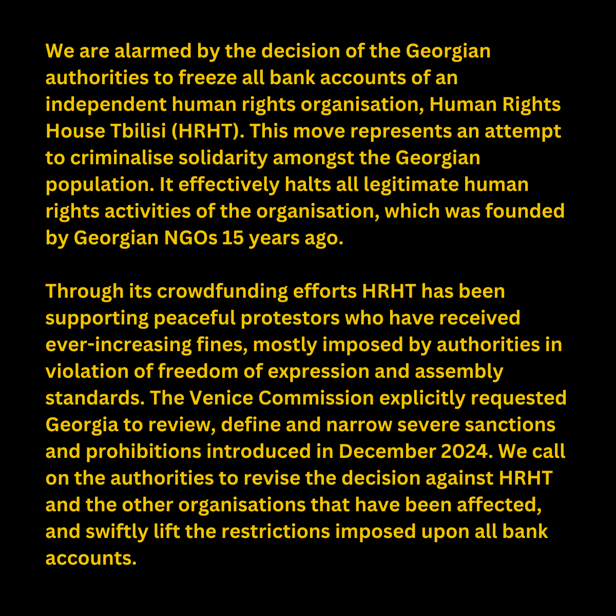 Our response to yesterday's action against <a href="/HRHTbilisi/">HRH Tbilisi</a> by the Georgian authorities. The authorities must swiftly reverse their actions.