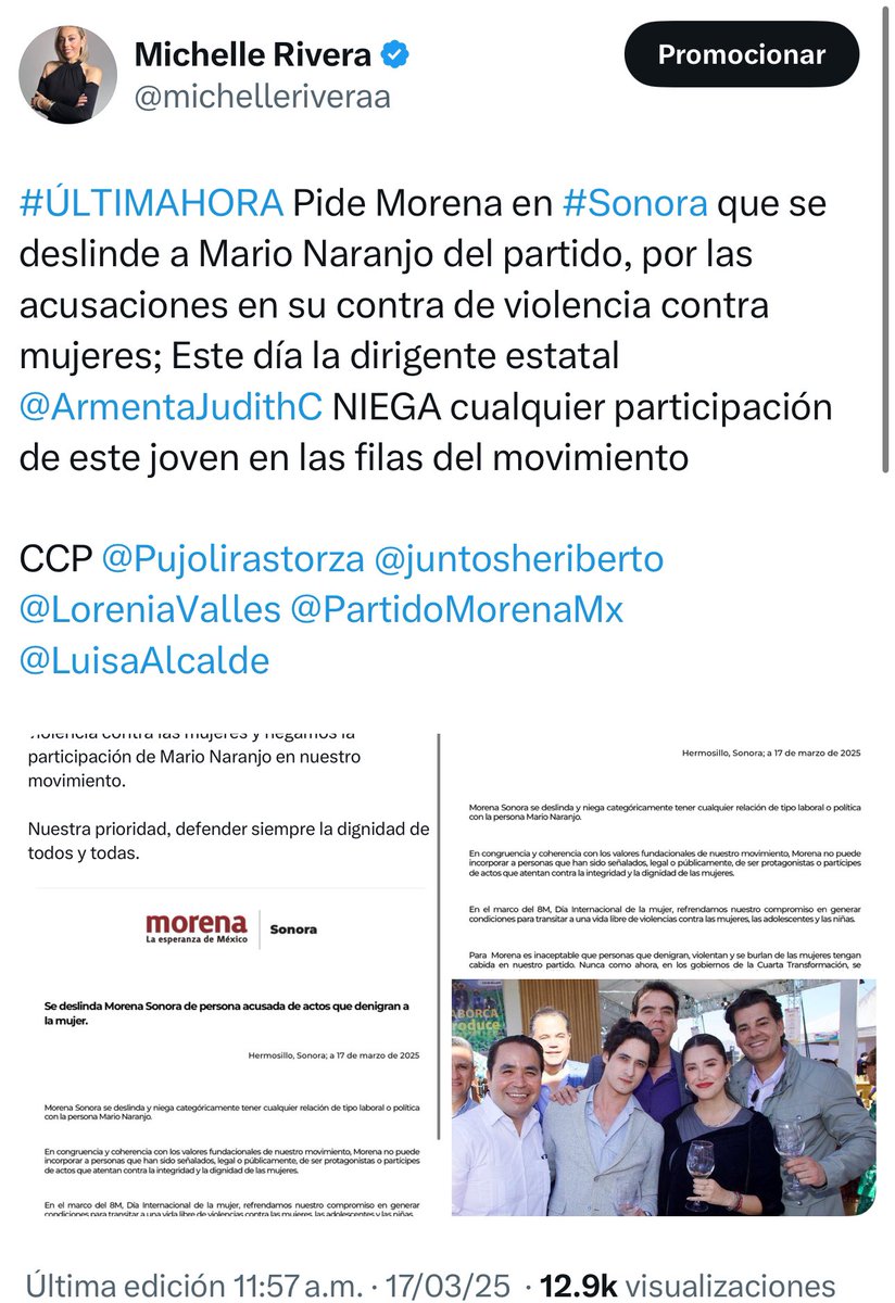 michelleriveraa's tweet photo. #EXCLUSIVA OJO! los que mandan en @PartidoMorenaMx en #Sonora, pidieron a la dirigente estatal, @ArmentaJudithC BAJAR las publicaciones de deslinde del movimiento con Mario Naranjo, joven que se ha movido muy bien para llegar a las cúpulas locales y que fue acusado de violencia contra mujeres