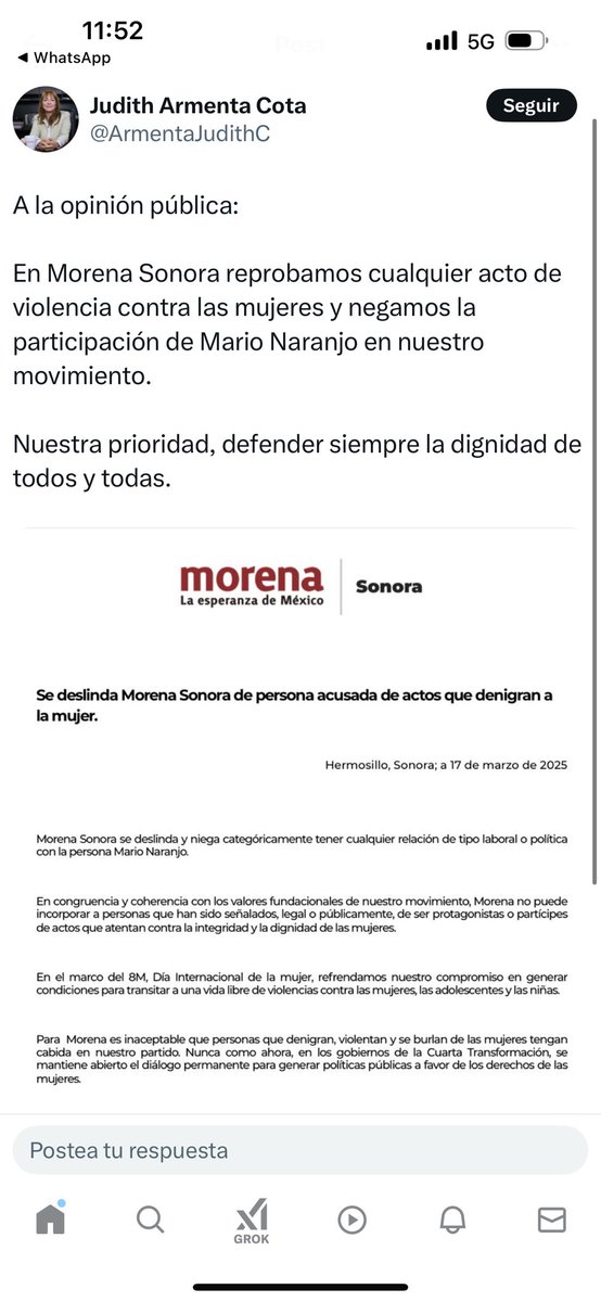 michelleriveraa's tweet photo. #EXCLUSIVA OJO! los que mandan en @PartidoMorenaMx en #Sonora, pidieron a la dirigente estatal, @ArmentaJudithC BAJAR las publicaciones de deslinde del movimiento con Mario Naranjo, joven que se ha movido muy bien para llegar a las cúpulas locales y que fue acusado de violencia contra mujeres