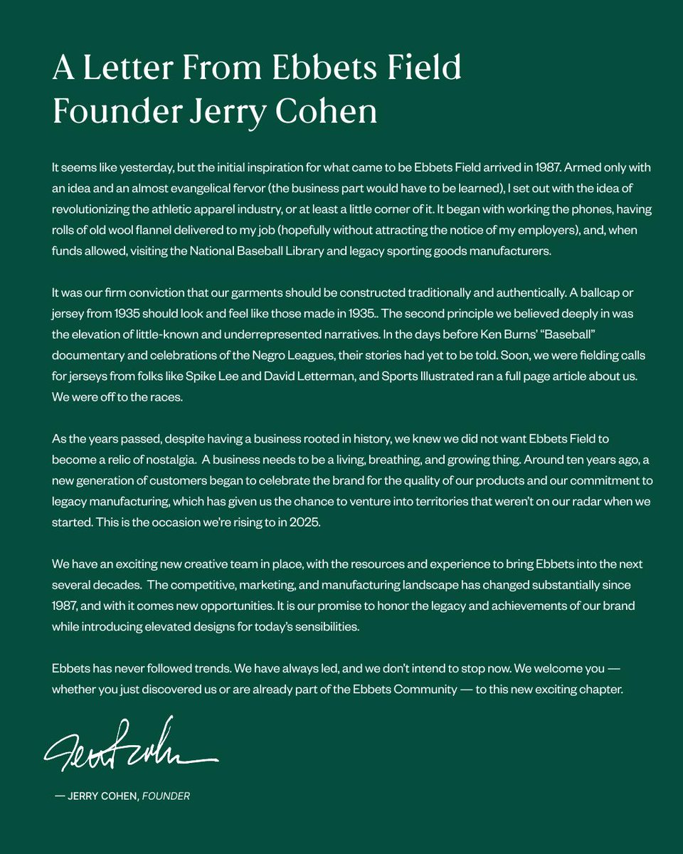 Incredibly disappointed by the rebrand of <a href="/EbbetsVintage/">Ebbets Field Flannels</a>. Go on their website ebbets.com and you'll see higher prices, now $68.00 for caps that used to sell for $54.00. The farewell letter from founder Jerry Cohen was such BS. If you read between the lines, the
