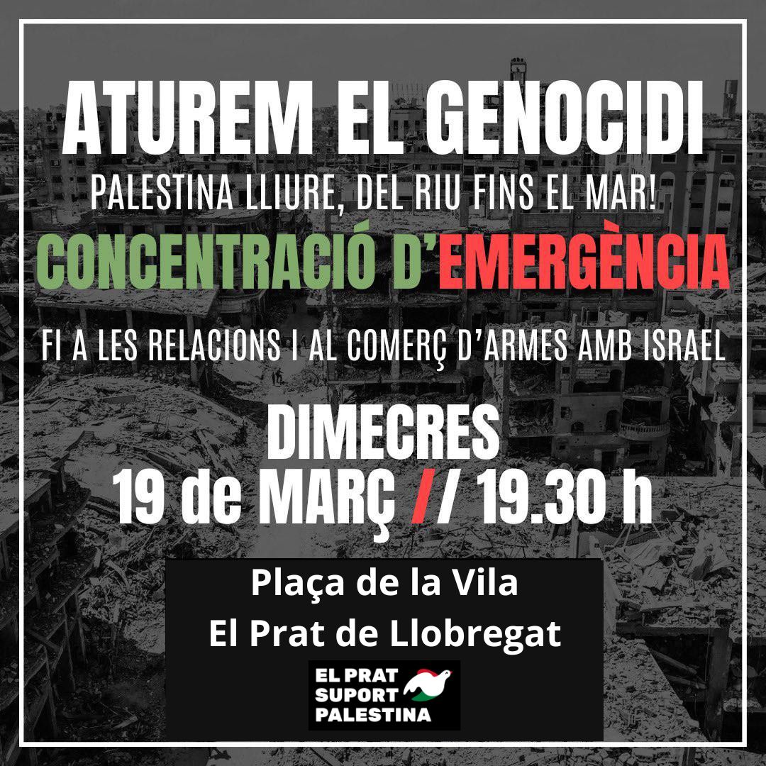 Demà a la Plaça de la Vila de #ElPrat #AturemElGenocidi #FreePalestine #BoicotIsrael #NoCallarem