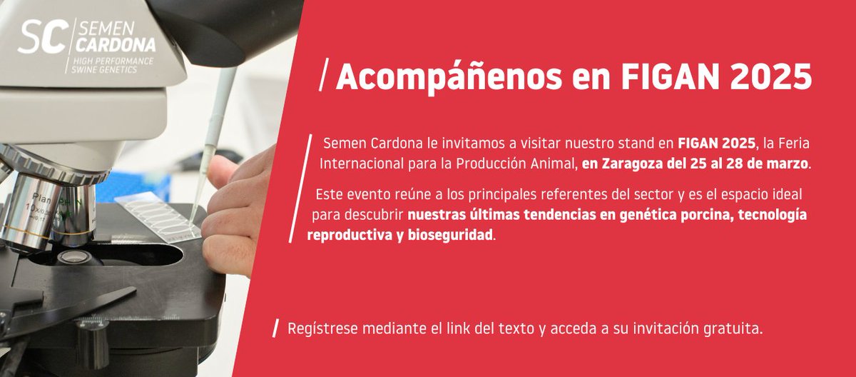#FIGAN2025 | Nos complace invitarle a <a href="/Figan_fz/">FIGAN</a> 2025, la Feria Internacional de Producción Animal, del 25 al 28 de marzo en Zaragoza.

Le esperamos en nuestro stand, donde podrá conocer nuestras últimas innovaciones.

📝 Inscríbase en el siguiente enlace:
feriazaragoza.es/figan/visitant…