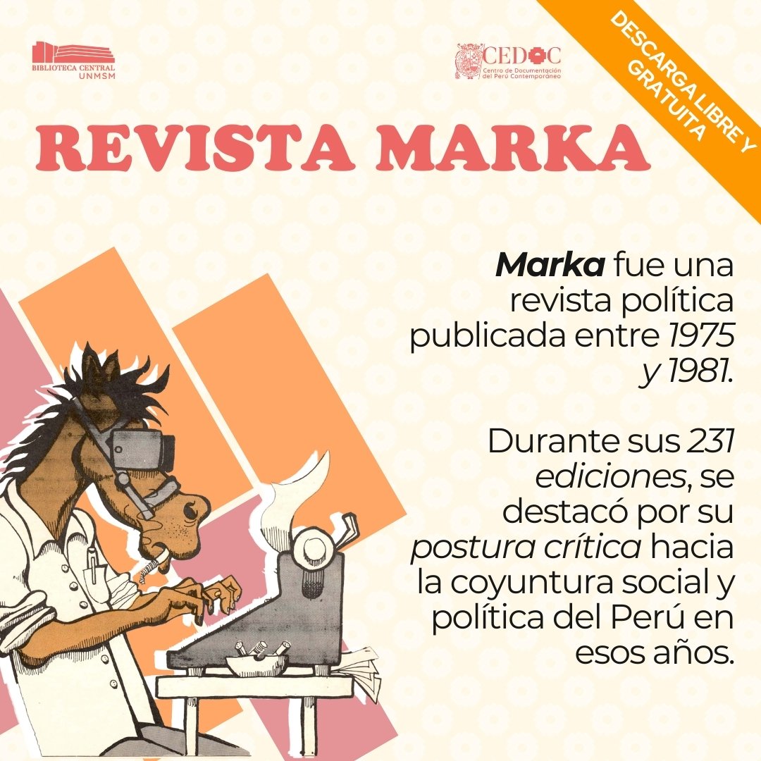 cedoc_unmsm's tweet image. 📣[YA DISPONIBLE LA NUEVA REVISTA MARKA]

🖥️Visita la revista Marka en: cedoc.sisbib.unmsm.edu.pe/biblioteca-dig…

🔴 Síguenos en nuestras redes sociales para estar a tanto de más publicaciones del siglo XX peruano.