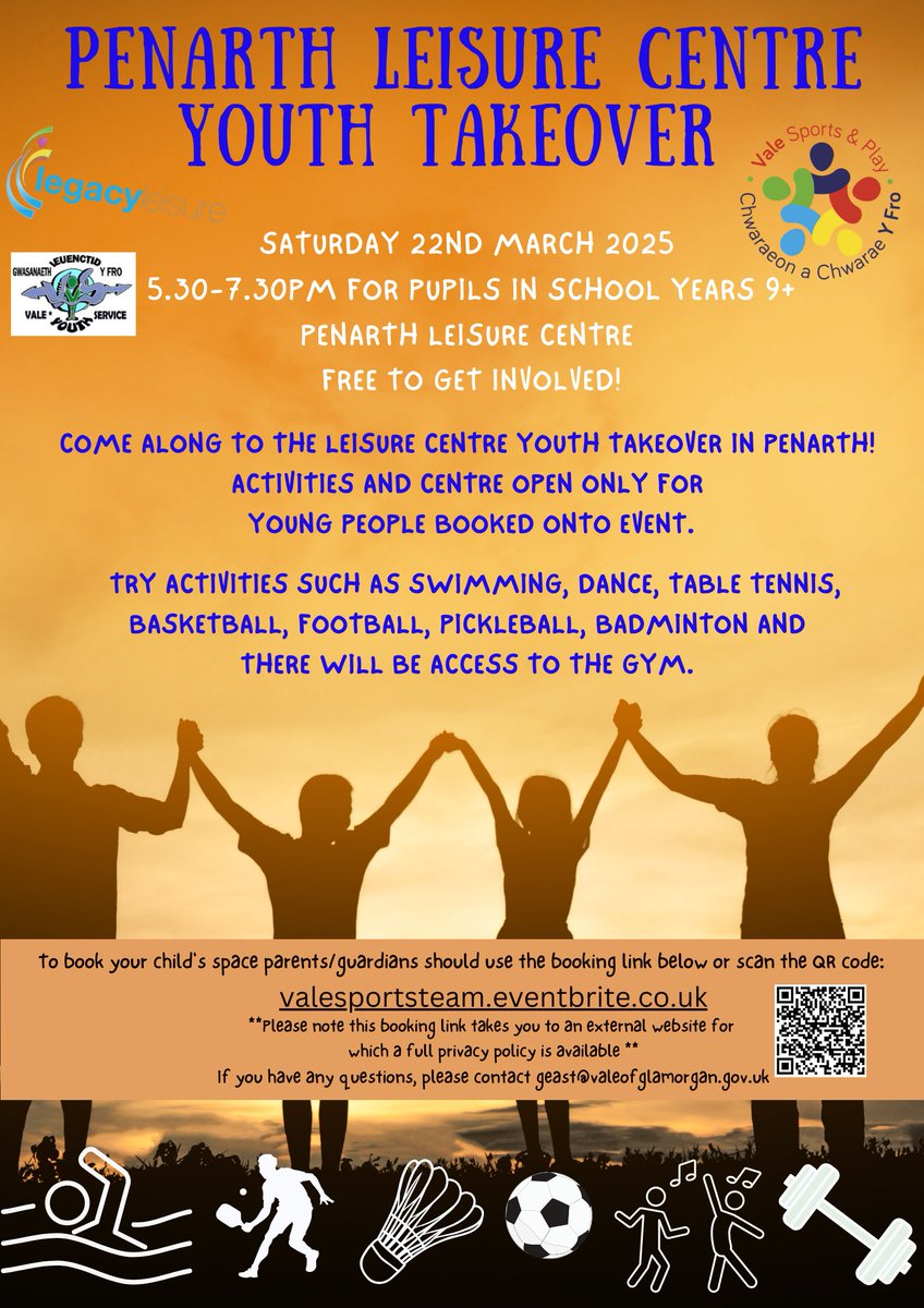 🌟FREE Youth Takeover in Penarth LC Saturday between 5.30-7.30pm! 🏀🏓🏸
Register in advance ✒️

🌟Sesiwn Rhoi'r Lle i'r Ifanc dydd Sadwrn rhwng 5.30-7.30pm!
Cofrestrwch o flaen llaw!

valesportsteam.eventbrite.co.uk