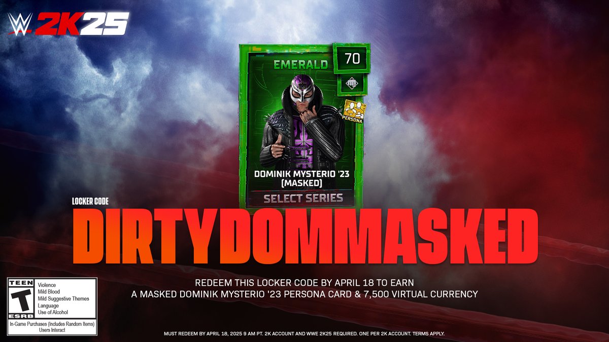 WWEgames's tweet image. Dirty Dom is shaking things up in #WWE2K25! 

Redeem this locker code to earn a masked Dominik Mysterio ’23 Persona Card &amp;amp; 7,500 VC! #MyFACTION