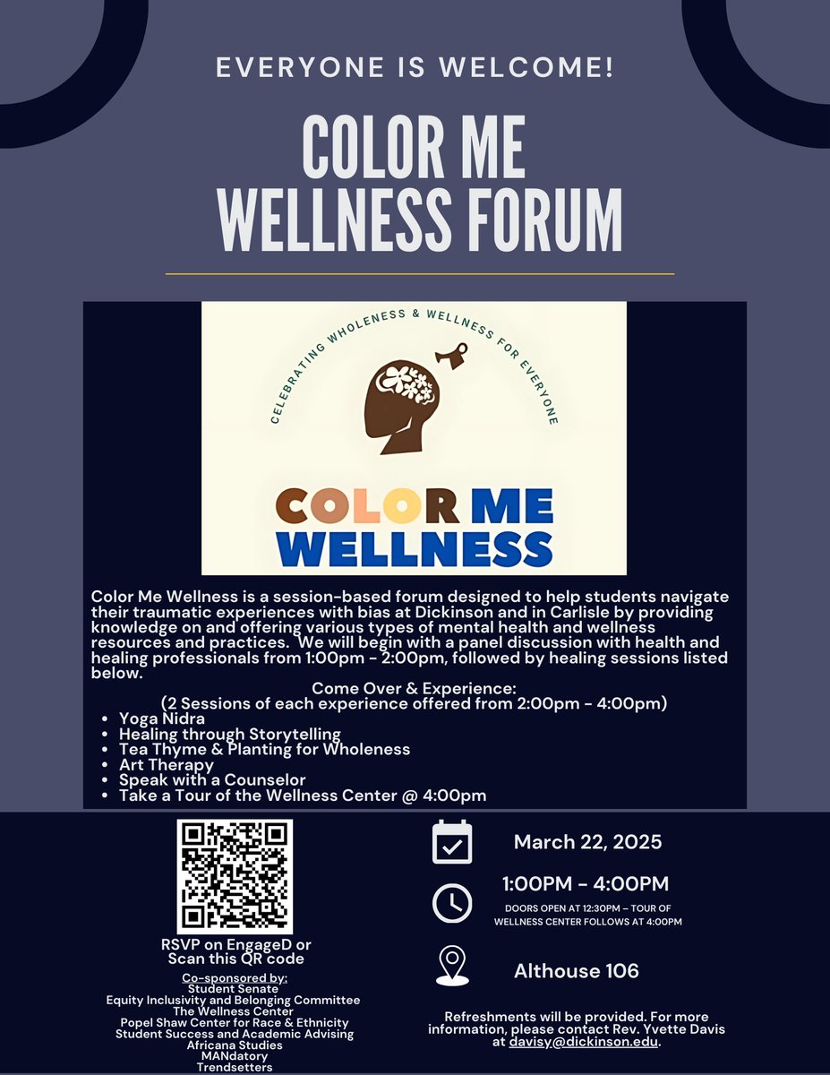 Navigating bias is hard, especially for the first time, but you aren't alone. 
Join us for the Color Me Wellness Forum where you can experience healing through storytelling,  Yoga Nidra, Art therapy &amp; more.  Saturday, March 22nd from 1 to 4, Althouse 106. #wellness #pscdickinson
