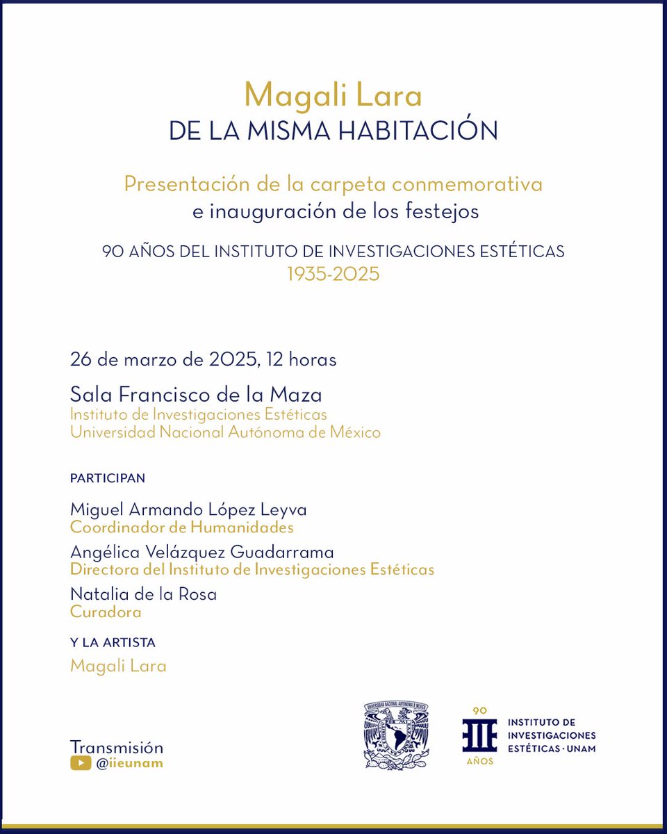 📷Este 2025, el #IIEUNAM cumple 90 años. Iniciaremos los festejos el 26 de marzo a las 12:00 h en la Sala Francisco de la Maza del #IIE, con la presentación de la Carpeta Conmemorativa “De la  misma habitación” de la artista Magali Lara. Transmisión: Canal de YouTube @iieunam