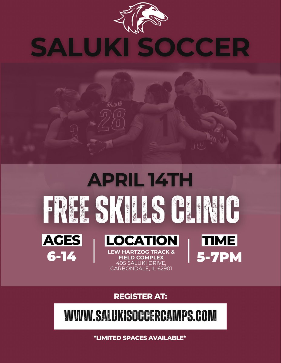 𝙈𝙖𝙧𝙠 𝙮𝙤𝙪𝙧 𝙘𝙖𝙡𝙚𝙣𝙙𝙖𝙧𝙨 🗓️

We are hosting a free skills clinic on April 14 from 5-7 PM! 🚨

Register at salukisoccercamps.com