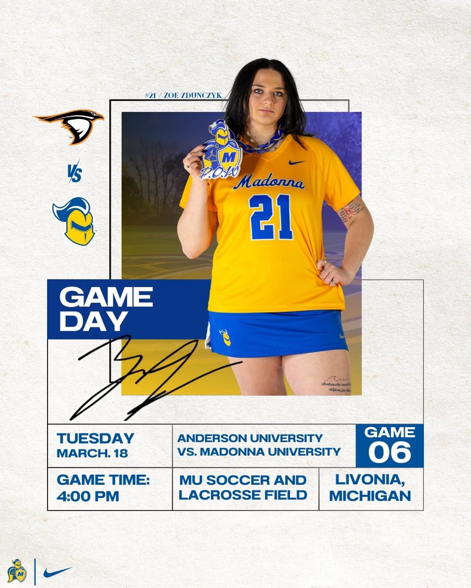 GAMEDAY!⚔️

🆚: Anderson University (Ind.)
📍: Livonia, Michigan
🏟️: MU Soccer and Lacrosse Field
🕐: 4:00 PM
📺: bit.ly/3RblgTq
📊: shorturl.at/ojnwR