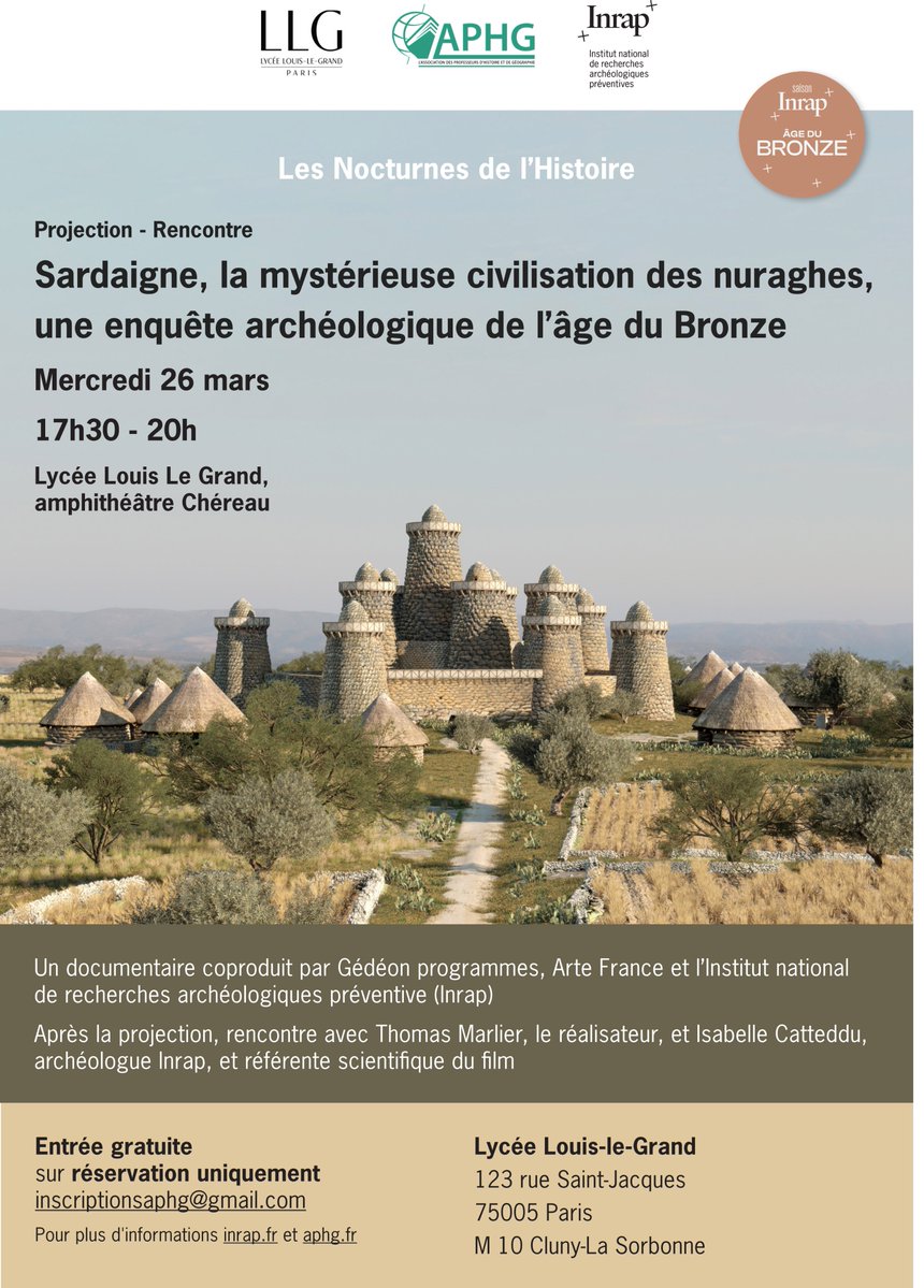 Inrap's tweet photo. Dans le cadre des Nocturnes de l'Histoire, l'Inrap et l'APHG vous invitent à une projection-rencontre gratuite du documentaire "Sardaigne, la mystérieuse civilisation des Nuraghes" mercredi 26 mars au lycée Louis-le-Grand à Paris

+ d'informations👉 https://t.co/wWlGjZDOKe https://t.co/Qqs24ykdbn