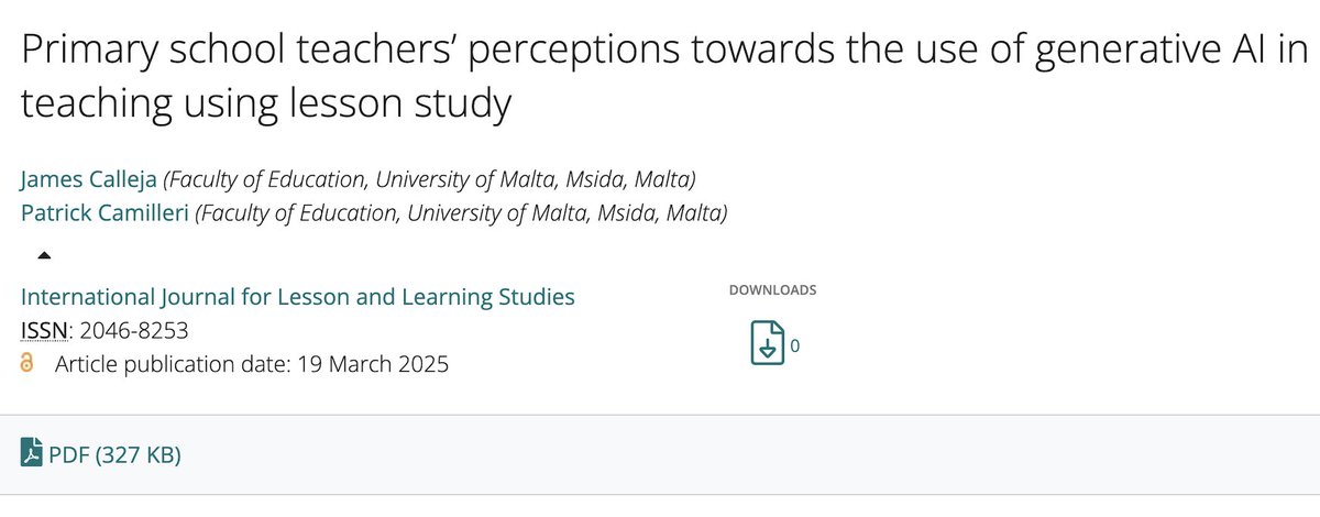 JamesCalleja7's tweet image. 🥳 A great pleasure to share my latest open access publication
🙏 Special thanks to the primary school teachers who, through their #lessonstudy, knowledgeably integrated AI in teaching.
📗The paper can be downloaded for free 👇doi.org/10.1108/IJLLS-…