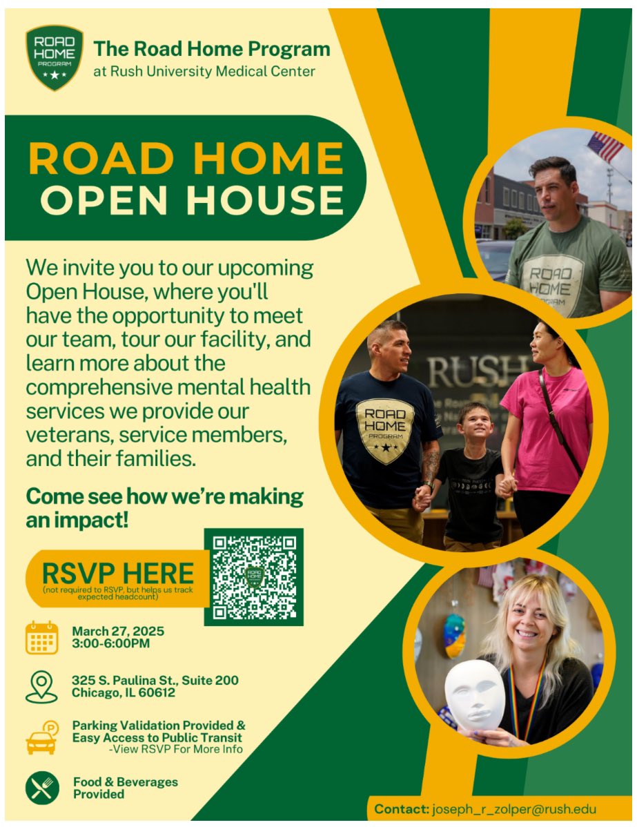 Matthew J. O'Shea (@mattoshea19) on Twitter photo On Thursday, March 27th, the Road Home Program at Rush University Medical Center will host an Open House, 3:00-6:00pm at 325 S. Paulina St. This is a great opportunity for veterans, service members, & their families to learn more about mental health services. <a href="/Road_Home_Rush/">Road Home Program</a> On Thursday, March 27th, the Road Home Program at Rush University Medical Center will host an Open House, 3:00-6:00pm at 325 S. Paulina St. This is a great opportunity for veterans, service members, & their families to learn more about mental health services. <a href="/Road_Home_Rush/">Road Home Program</a>