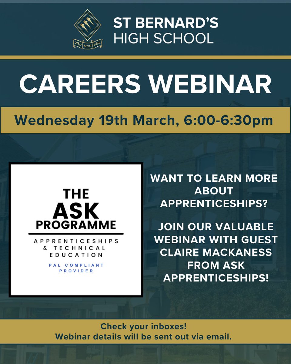 Is an apprenticeship the next step for your child?💭

Join us for an insightful webinar with our guest Claire Mackaness from ASK Apprenticeships on Wednesday, 19th March, 6:00–6:30 PM.

We'll be sending out the webinar details via email, so keep an eye on your inbox.👀