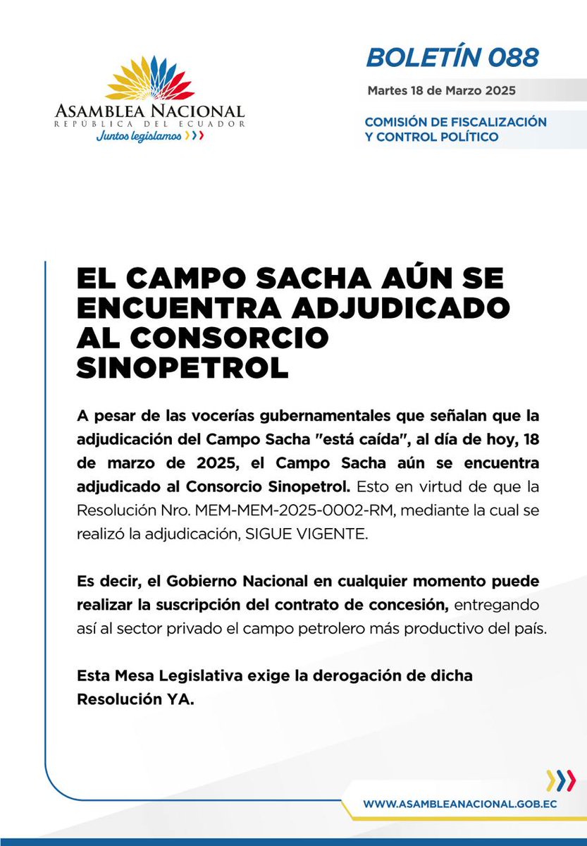 📢 El Campo Sacha aún se encuentra adjudicado al Consorcio Sinopetrol 📢

En cualquier momento, el Gobierno Nacional puede suscribir el contrato de concesión del Campo Sacha, en virtud de que la Resolución de adjudicación aún se encuentra VIGENTE.