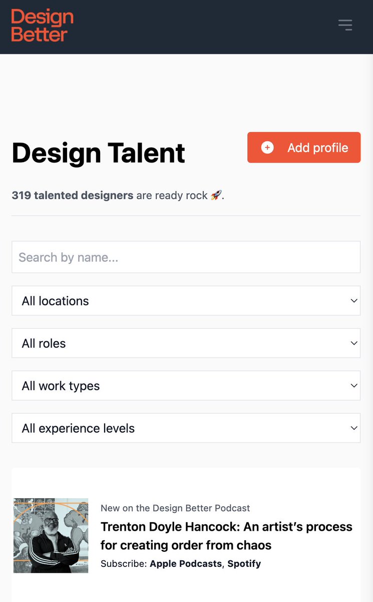 James Buckhouse (@buckhouse) on Twitter photo The amazing people at Design Better <a href="/designbetterpod/">designbetter</a> put together this resource for startups to use to hire designers (and for designers to use to get hired). designbetter.directory Check it out if you are looking for designers, have a job to post, or are looking for work. The amazing people at Design Better <a href="/designbetterpod/">designbetter</a> put together this resource for startups to use to hire designers (and for designers to use to get hired). designbetter.directory Check it out if you are looking for designers, have a job to post, or are looking for work.