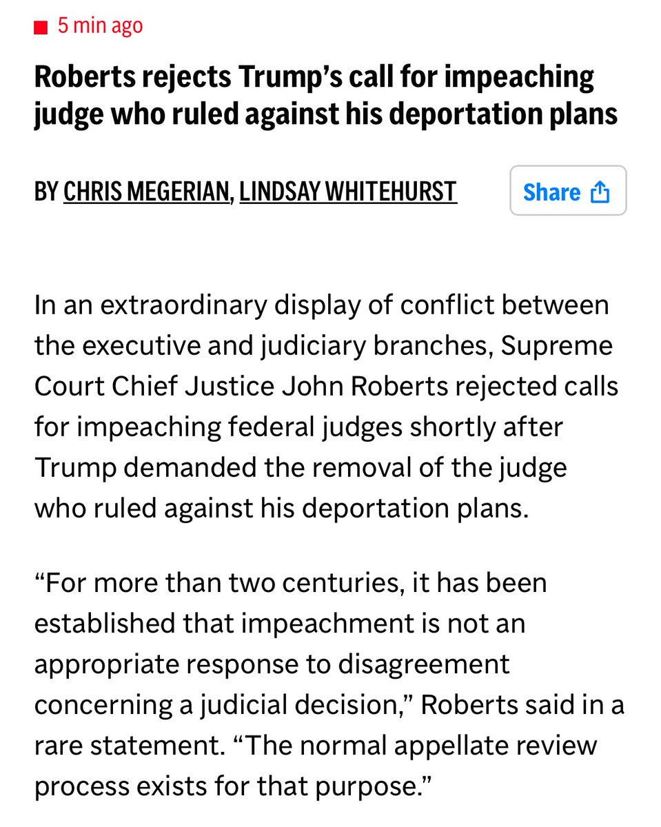 For more than two centuries, the question of whether to impeach judges has been left solely to the elected representatives of the American people. John Roberts has no say in the matter, regardless of how much he wishes otherwise. Our Constitution gives John Roberts no power