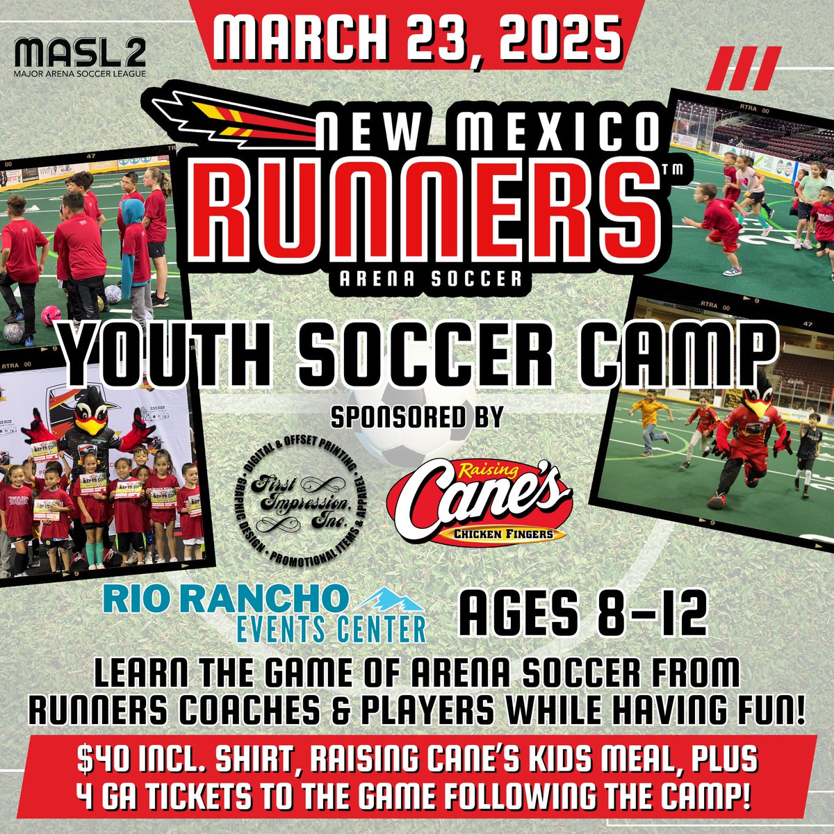 Sign your kiddos up for our youth camp on Sunday March 23rd! ⚽ Kids will learn about the arena soccer game from Runners coaches &amp; players while having fun! 🙌
Sign up for only $40: newmexicorunners.com/soccer-camps

#RunAsOne #nmrunners #riorancho #abq #arenasoccer #soccercamp
