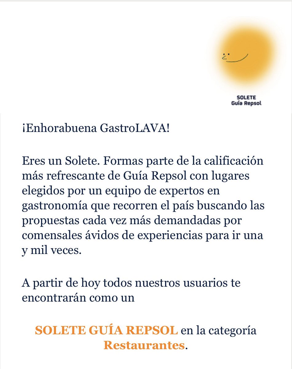 GastroLAVA (@gastrolava) on Twitter photo Qué alegría recibir este solete.
¡Muchas gracias <a href="/GuiaRepsol/">guiarepsol</a> !
#soletesguiarepsol
#GastroLAVA #valladolid Qué alegría recibir este solete.
¡Muchas gracias <a href="/GuiaRepsol/">guiarepsol</a> !
#soletesguiarepsol
#GastroLAVA #valladolid