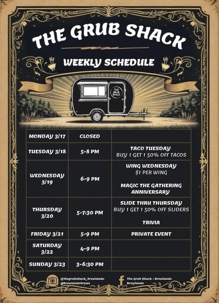 TheGrubShack_FL's tweet photo. ✨#TheGrubShack_Brewlando Schedule✨

What an exciting week ahead of us!  We are thrilled to be opening our SECOND food truck this week that will be moving around Brevard and Orlando doing Public Events, Special Events and Private Events! 

Brewlando is also hosting the Magic the Gathering 2 Year Anniversary party this Wednesday, where there will be food, drinks, fun and games! 

The Grub Shack will be passing out raffle tickets to each person that shows up for the event (no purchase necessary) to raffle off 36 packs from a booster box. We’ll also be opening a Vintage Urza’s Saga pack!  The group has planned an awesome event so be sure to stop by! 

🌴 https://t.co/sDIypLdy4y