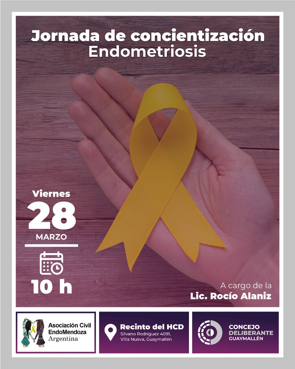 🎗El viernes 28 de marzo, junto a la Asociación EndoMendoza, realizaremos una jornada de concientización sobre endometriosis ▶ Será a las 10h, en el recinto del HCD.

+ info en 🔗 cdguaymallen.gob.ar/jornada-de-con…
