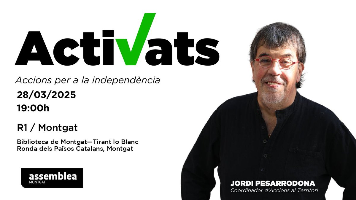 Nosaltres ens mantindrem ActiVats!!!

No hi faltis a #Montgat amb en <a href="/Pesacapsada/">Jordi Pesarrodona</a> el divendres 28.

<a href="/ANCtiana/">ANC</a> 
<a href="/ancmasnou/">ANC del Masnou 🎗</a> 
<a href="/ANCAlella/">ANC Alella</a> 
<a href="/ancteia/">ANC Teià</a> 
<a href="/assemblea/">Assemblea Nacional Catalana</a>
<a href="/MaresmexIndep/">MaresmexIndep</a>