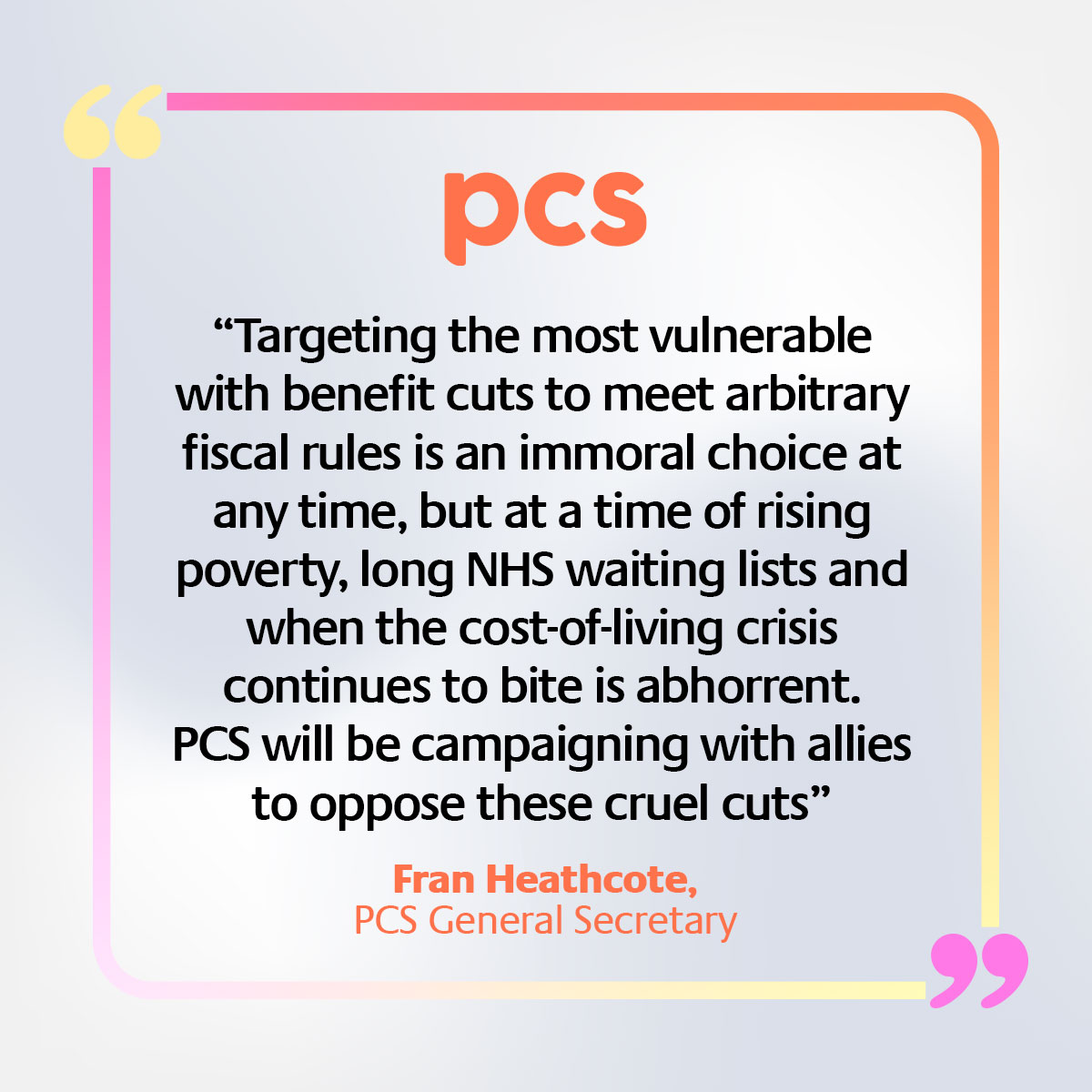 PCS has vowed to campaign with allies to oppose the cruel welfare cuts announced by work and pensions secretary Liz Kendall today, a blatant attack on the most vulnerable in our society.
pcs.org.uk/news-events/ne…