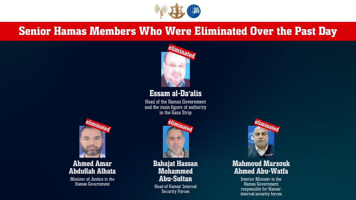 IDF's tweet image. 𝗪𝗵𝗮𝘁 𝗵𝗮𝘀 𝗵𝗮𝗽𝗽𝗲𝗻𝗲𝗱 𝗶𝗻 𝗚𝗮𝘇𝗮 𝗼𝘃𝗲𝗿 𝘁𝗵𝗲 𝗽𝗮𝘀𝘁 𝗱𝗮𝘆?

❌ Essam al-Da'alis was eliminated. In his role, al-Da'alis served as the Head of the Hamas Government and the most senior figure of authority in Gaza and was responsible for the functioning of…