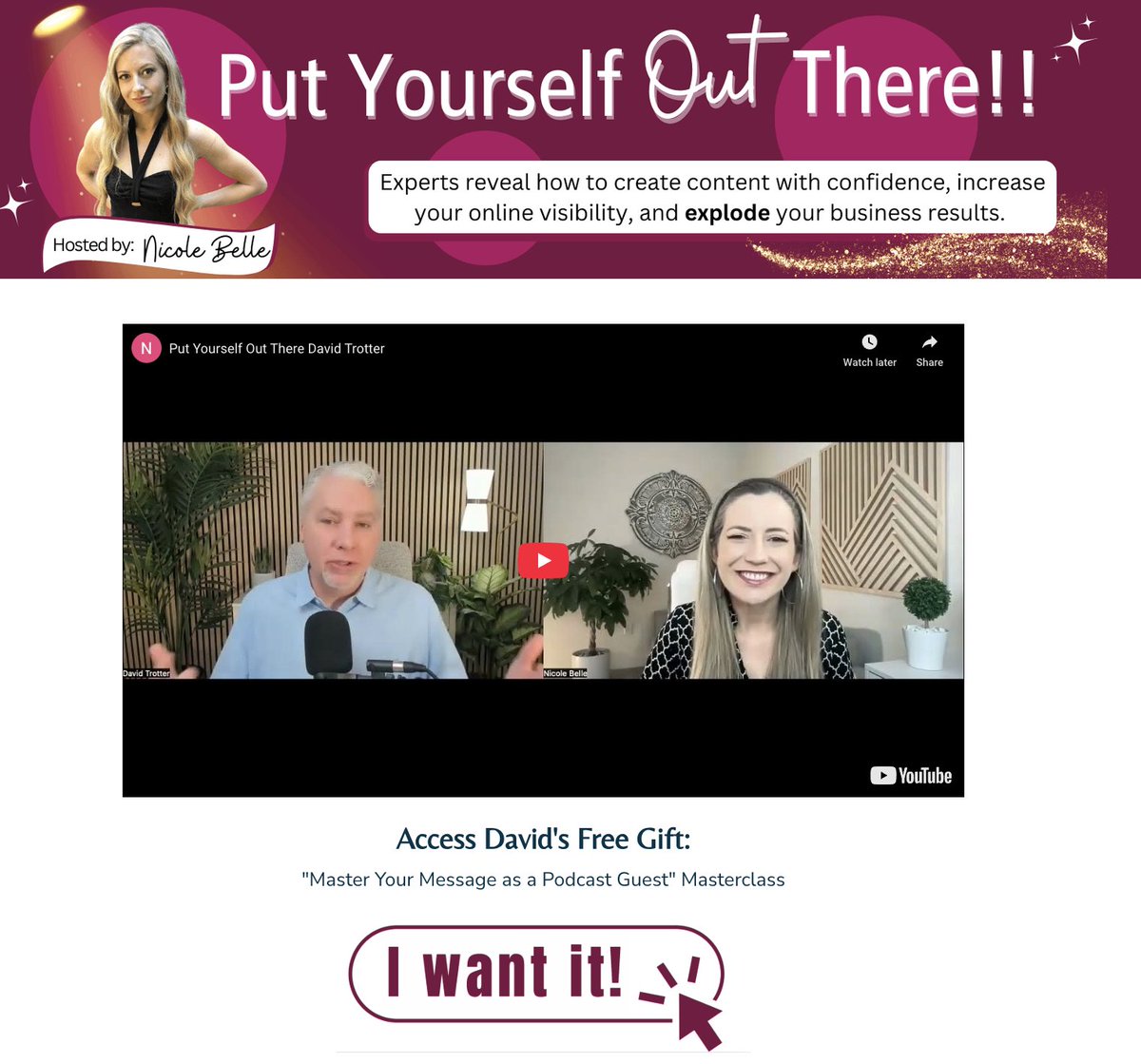 I'm speaking today on the "Put Yourself Out There!" Online Summit hosted by Nicole Belle. If you're looking to learn how to create content with confidence, increase your online presence, and explode your business results - putyourselfoutthere.show.